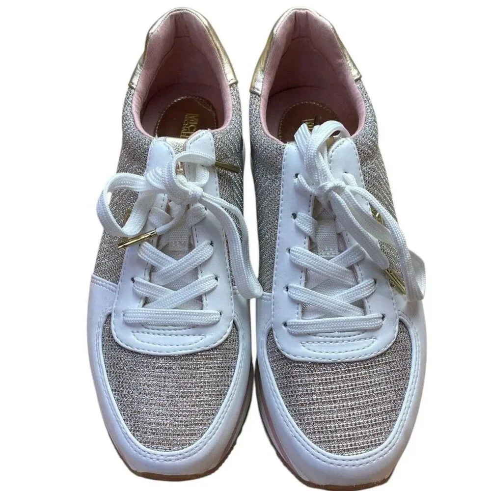 Michael Kors Woman's Monique Trainer Sneakers White Gold Size 7.5 New In Box
